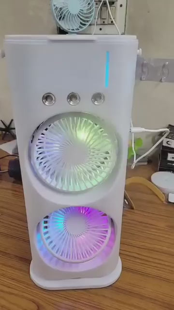 Load video: Product Name: Double-Ended Spray FanPackage Contains: Pack of 1Combo: Pack of 1Color: AssortedLBH: 38*10*16 CentimetersWeight: 450 gmSpray fans mini Fan Multi-Function Electric fan Household cooler Mist Cooling Fan portable spray air conditioning